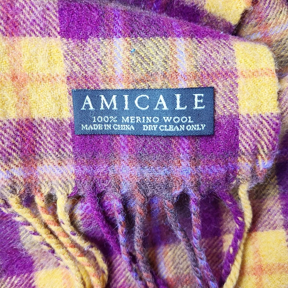 Amicale Marigold Burgundy Plaid Check Merino Wool Fringe Unisex Scarf